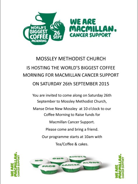 Take part in the worlds biggest coffee morning at Mossley Methodist Church